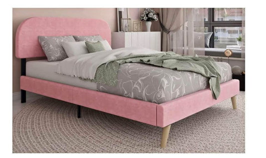 Pink Velvet Queen Size Bed Frame with Headboard