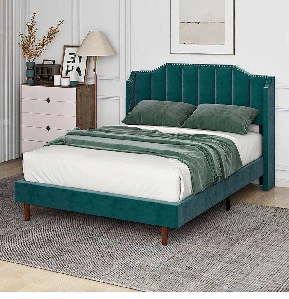 Emerald Green Velvet Queen Size Bed Frame/ Stylish Elegance Queen Size Bed Frame