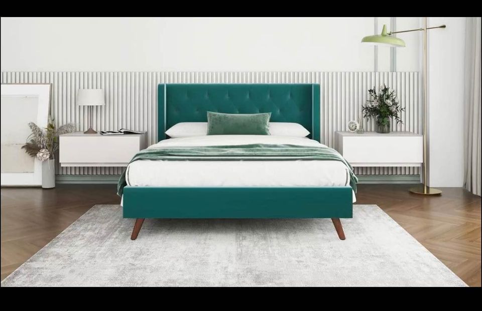 Green Velvet Queen Size Bed Frame/ Stylish Super Soft Velvet Queen Size Bed Frame