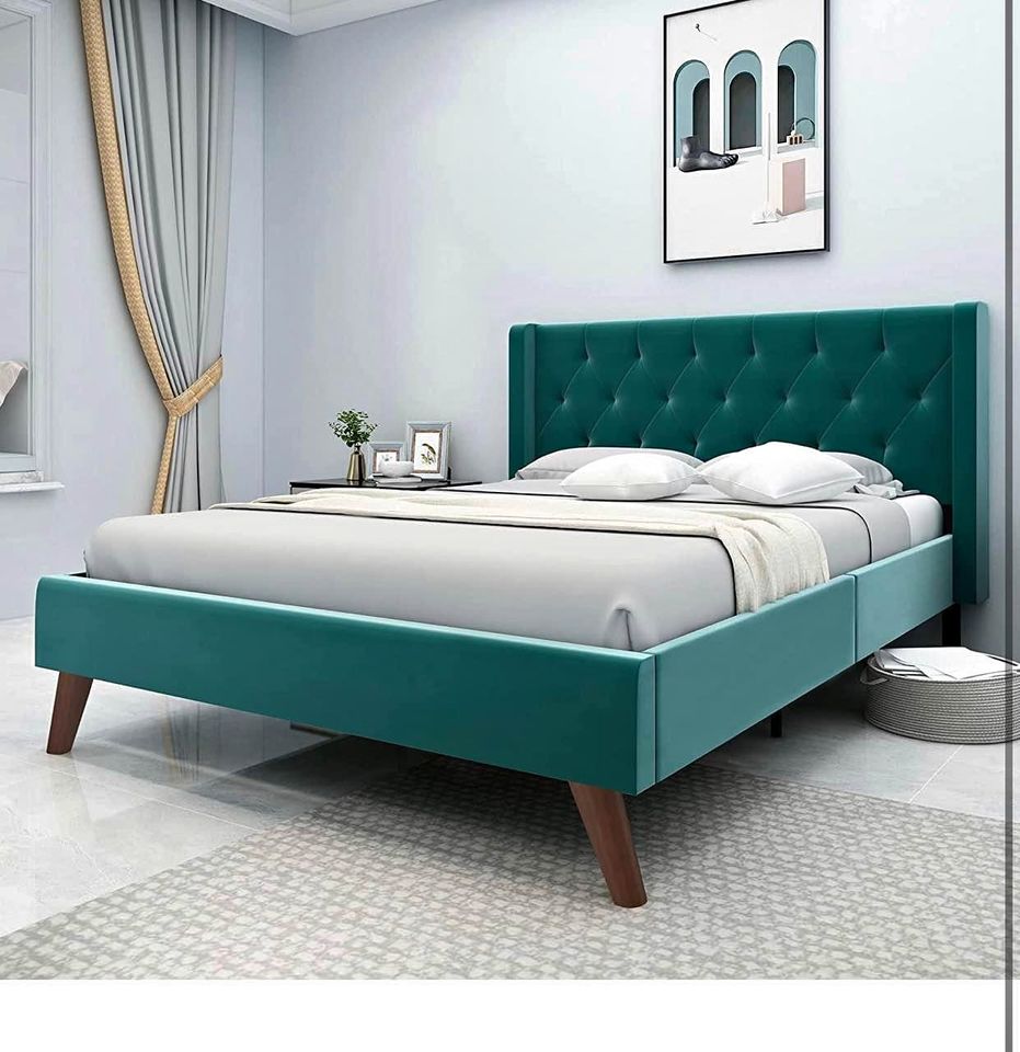 Green Velvet Queen Size Bed Frame/ Stylish Super Soft Velvet Queen Size Bed Frame