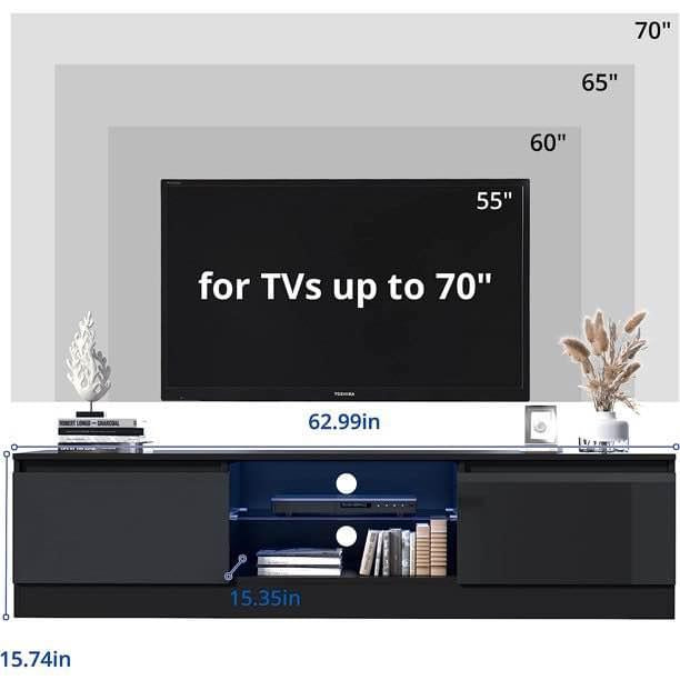 TV Stand for 55/60/65/70 Inch TV, LED Entertainment Center with High Gloss Modern Style, Black